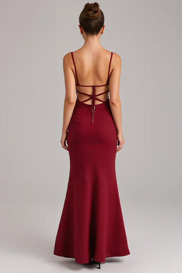 Burgundy Lace Up Back Mermaid Evening Dress